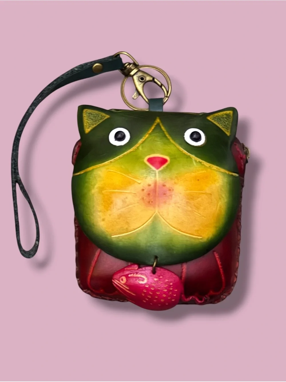 Hand crafted cat with mouse leather wristlet